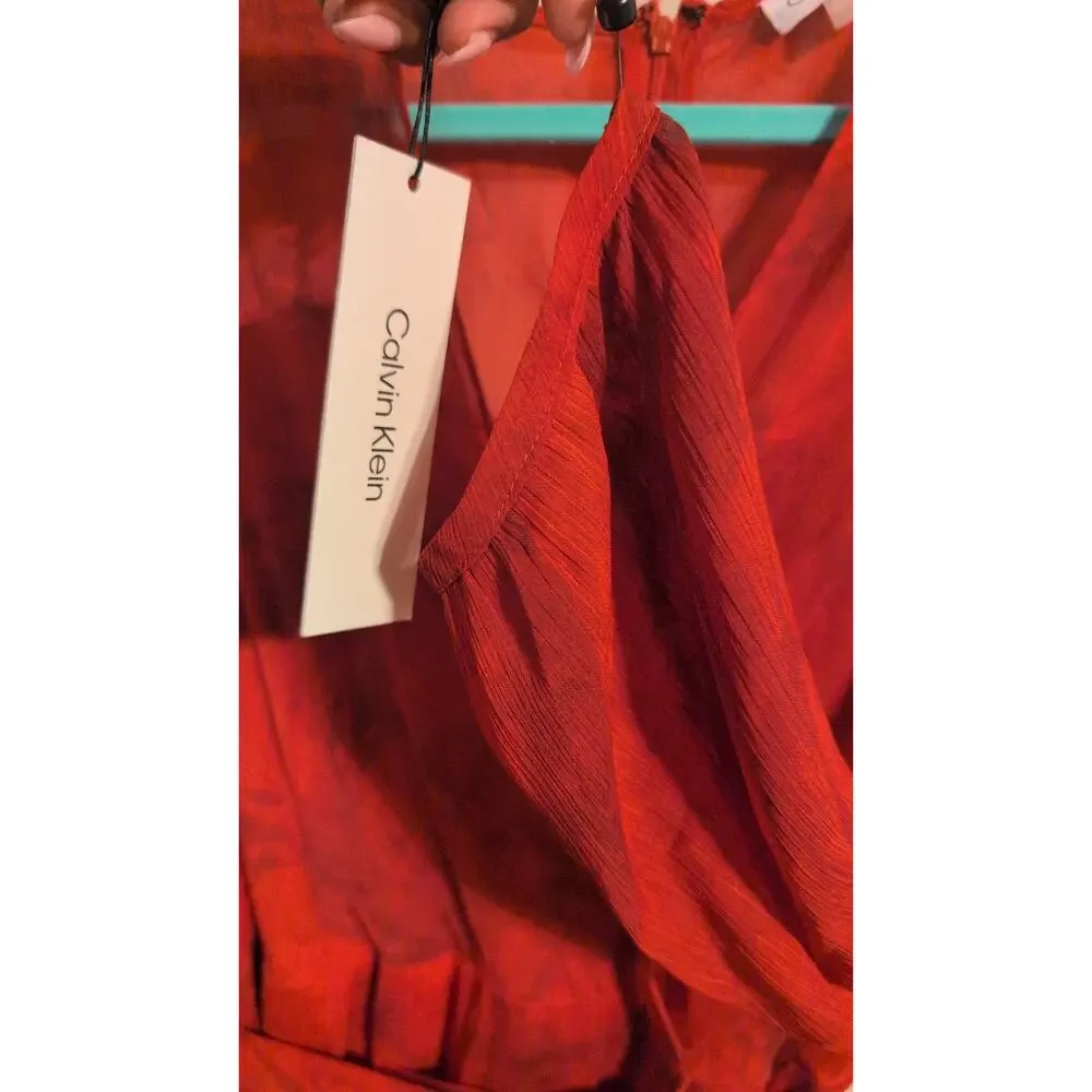 Calvin Klein Red Wrap Dress Size 14 NWT Long Sleeve V-Neck Belted Gown - Picture 3 of 6